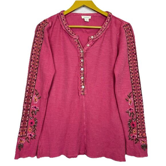 Sundance Floral Embroidered Long Sleeve V-Neck Top Size XS Pink Boho Hippie Y2K - Picture 1 of 8